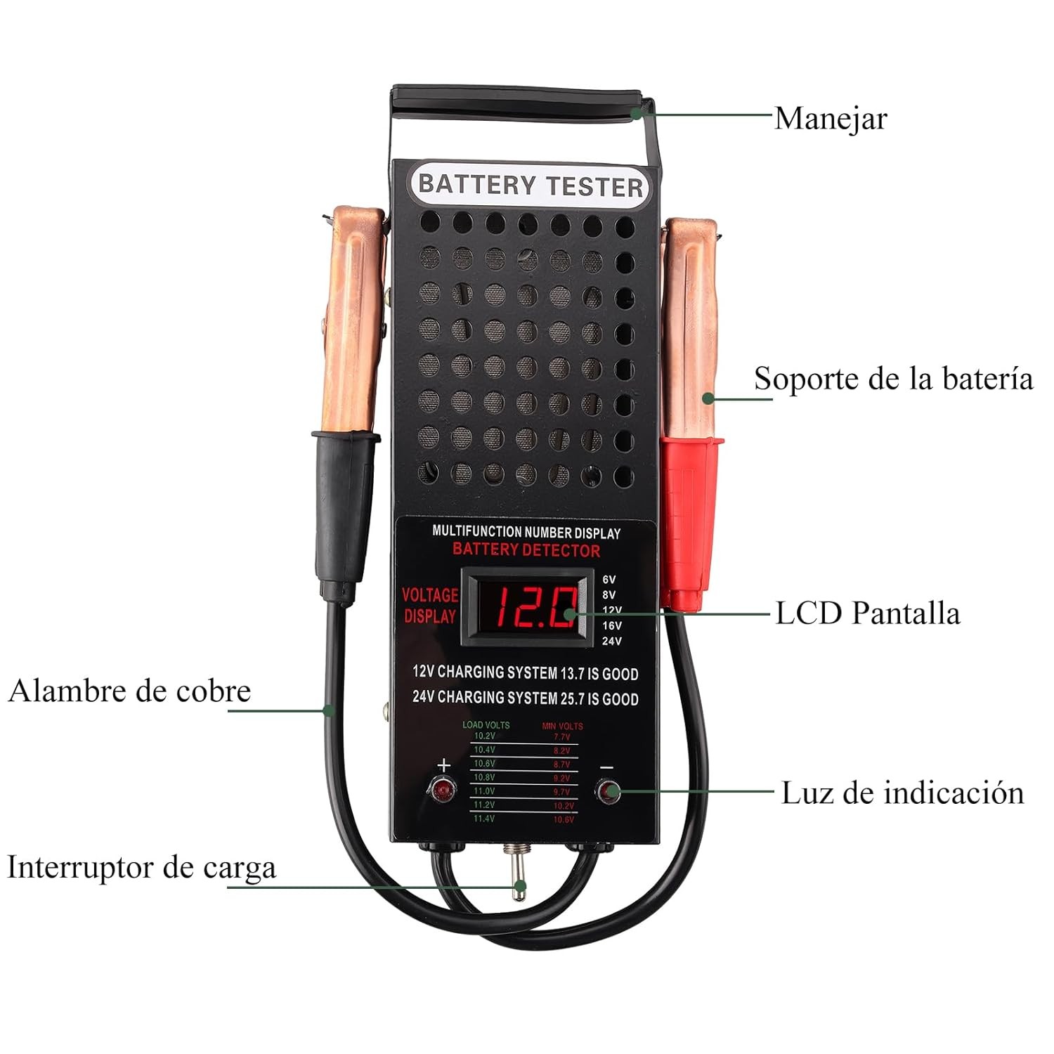 Probador de carga de batería AUTTGINN 6/8/12/16/24V Automotriz Coche LCD, Negro - - Image 2