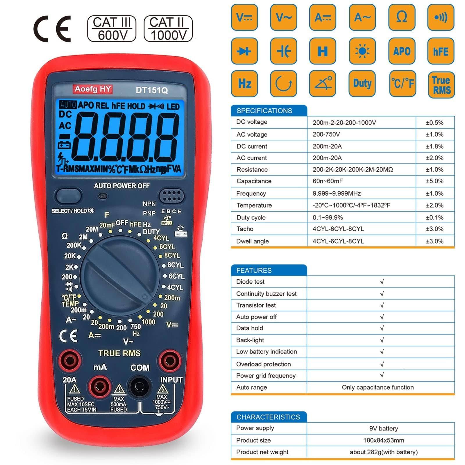 Multímetro Automotriz, True RMS CAT III 600V, Probador de Voltaje/Corriente AC/DC, T...- - Image 3
