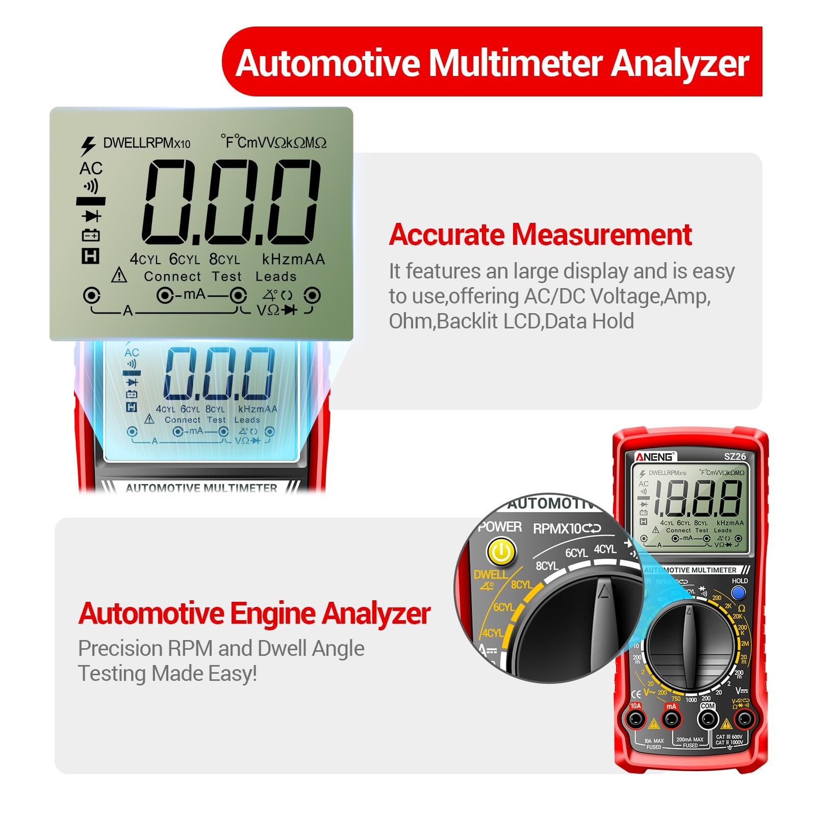 Analizador digital de motor automotriz multímetro SZ26 con TachDwell de 500-10000 RPM...- - Image 4
