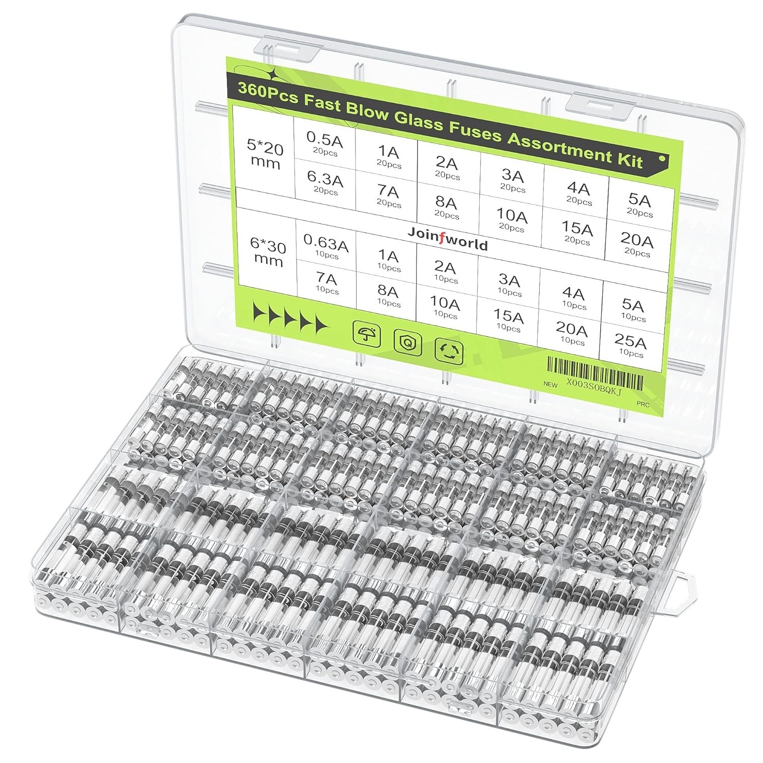 Kit surtido de fusibles de vidrio soplado rápido 360 piezas kit de fusibles automotrices de 24 valores 250...- - Image 2