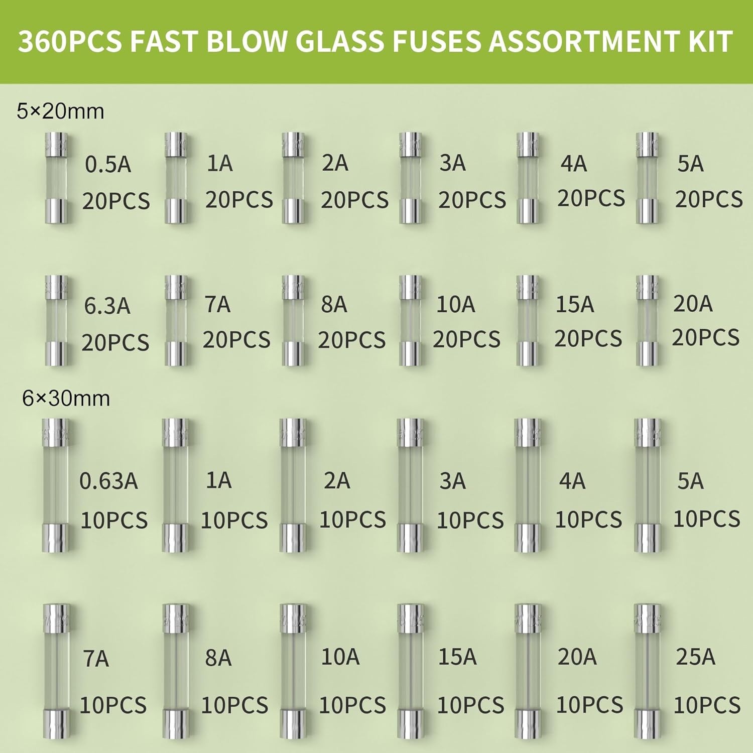 Kit surtido de fusibles de vidrio soplado rápido 360 piezas kit de fusibles automotrices de 24 valores 250...- - Image 3