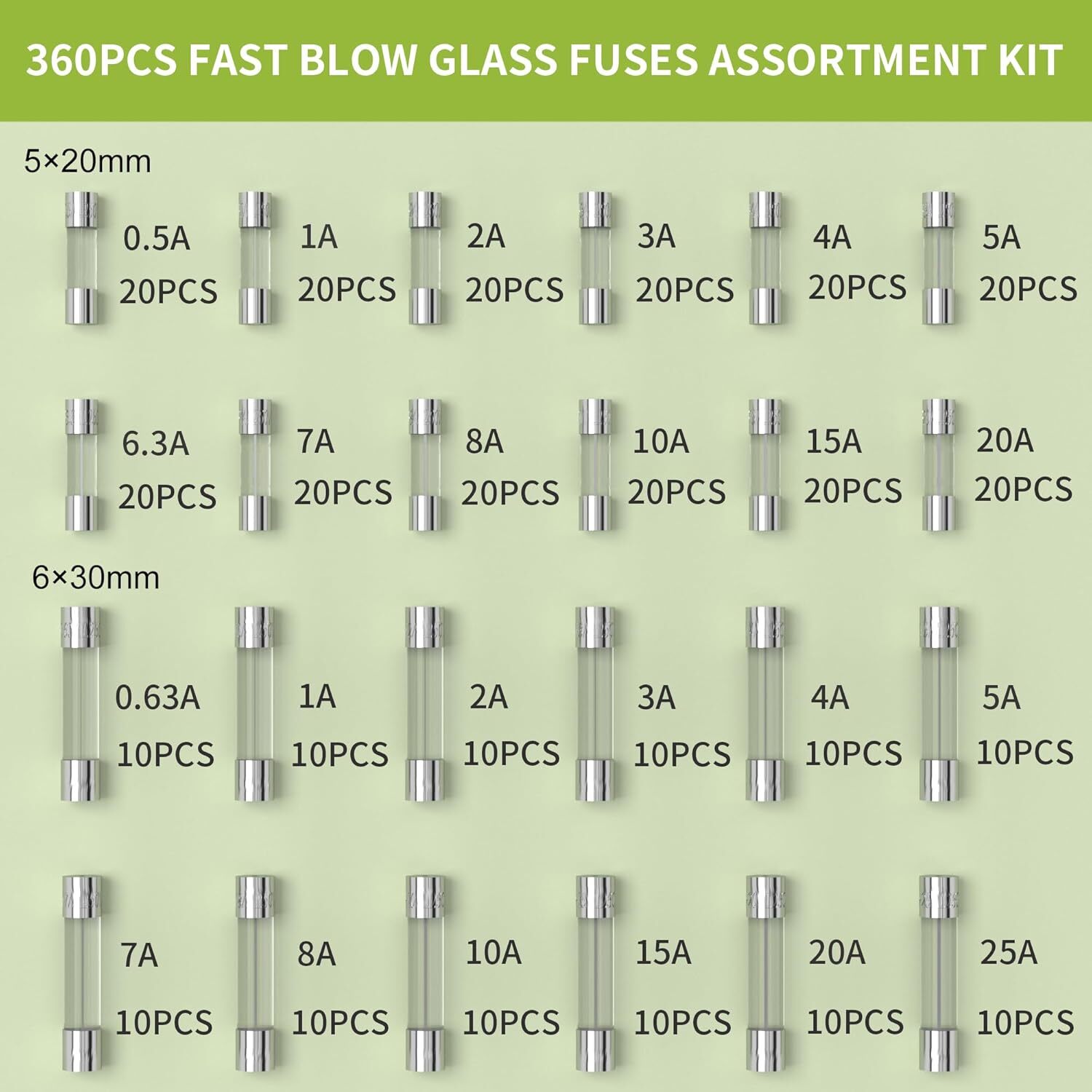 Kit surtido de fusibles de vidrio soplado rápido Joinfworld 360 piezas 24 valores fusibles automotrices- - Image 2