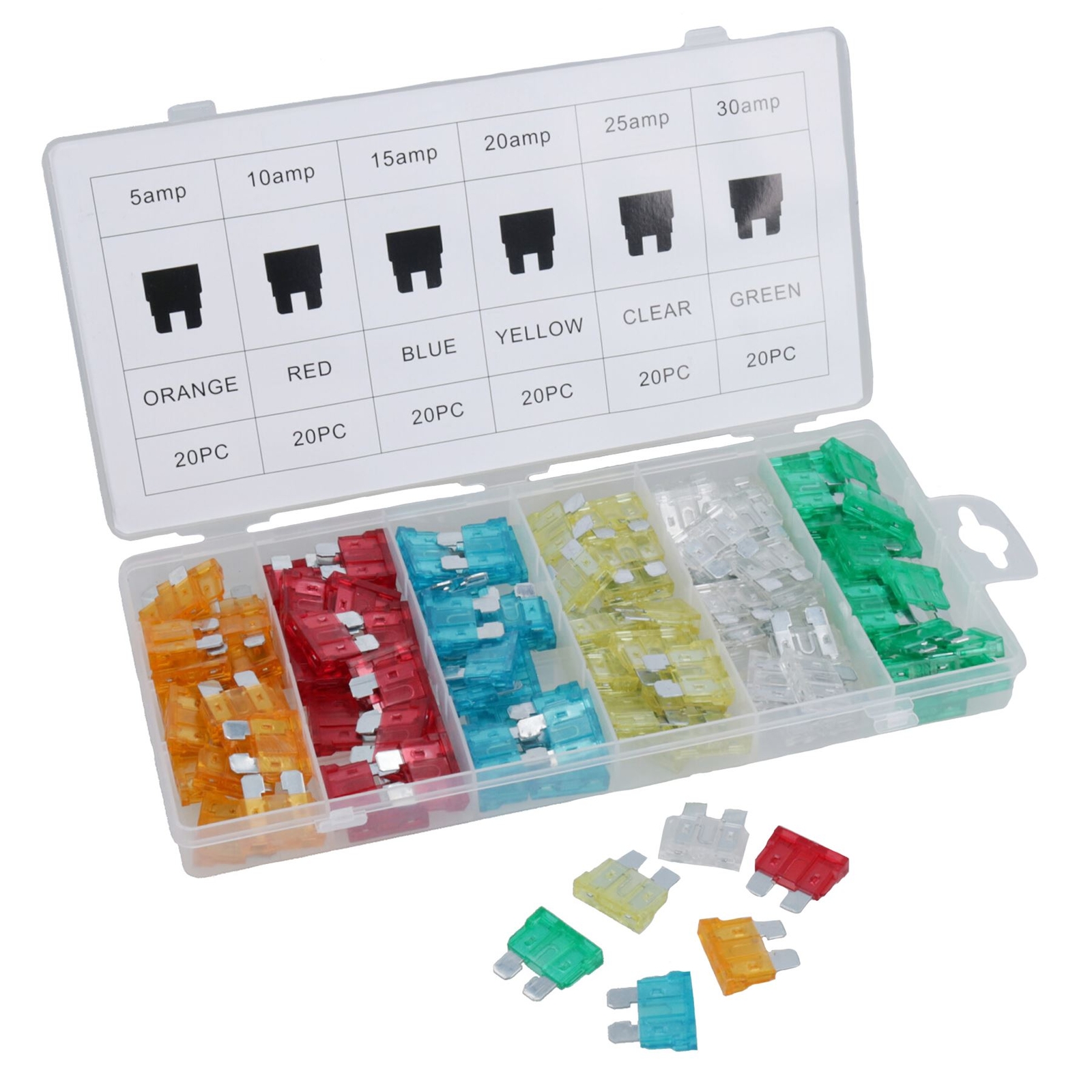 Juego de fusibles de hoja automotriz tamaño estándar fusibles 5 10 15 20 25 30 amp 120 piezas-