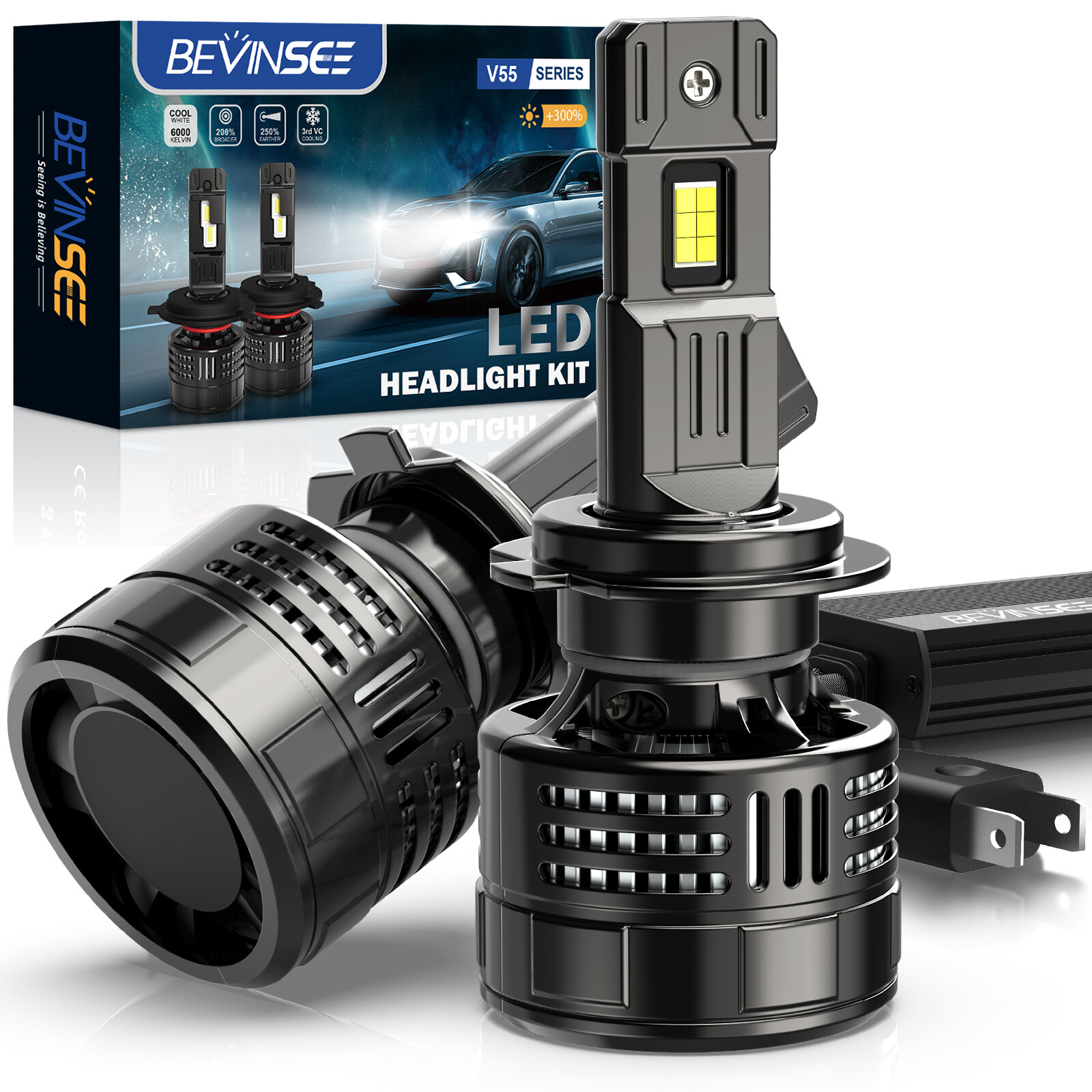 Bevinsee 2 PIEZAS H7 LED Faros Globos Impermeables Alto Bajo Haz Súper Blanco 28000LM-