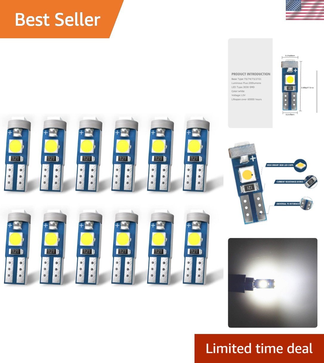 Bright T5 LED Bulbs for Automotive Interior - 6000K White Light (12 Bulbs)