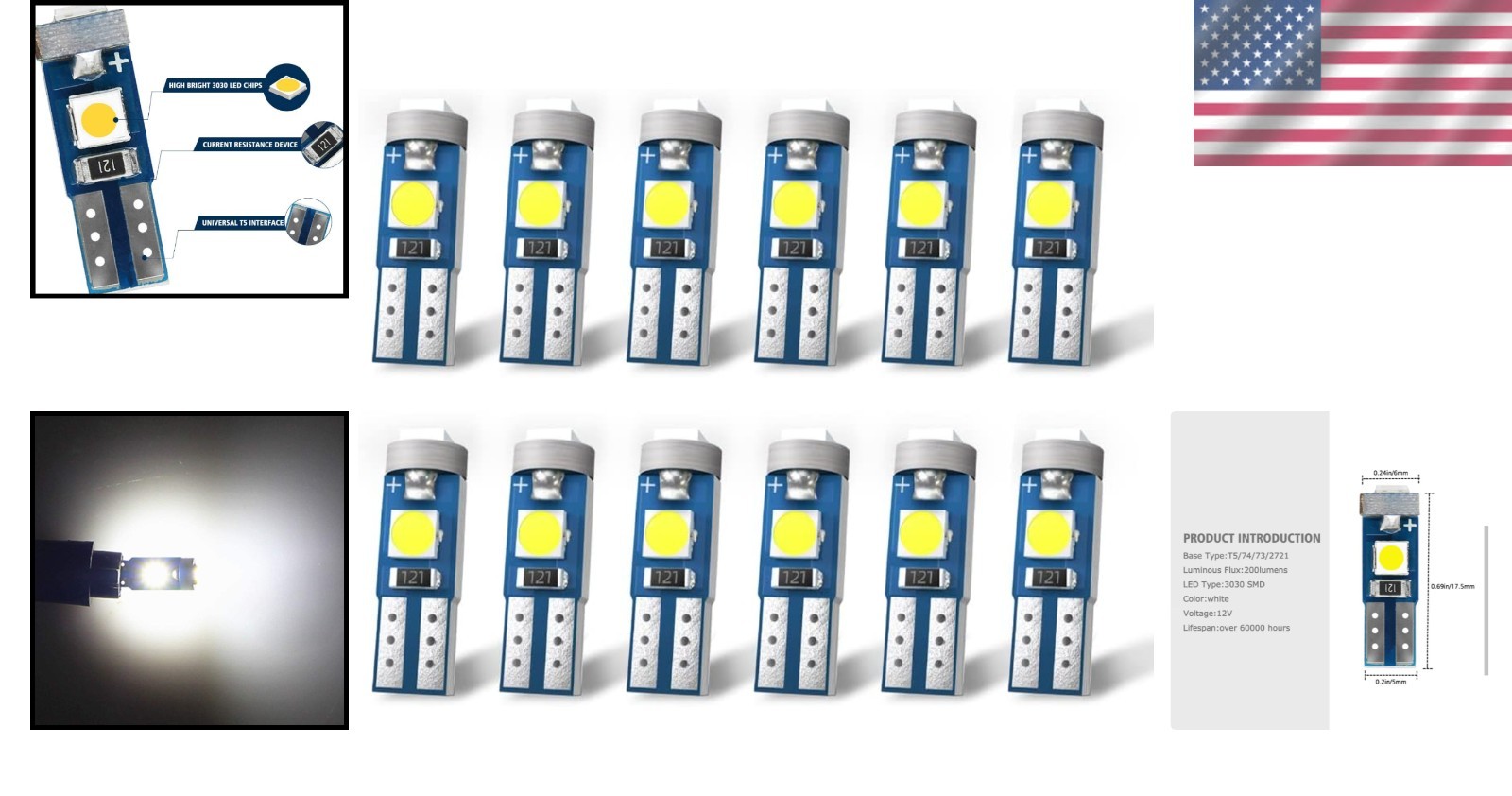 Bright T5 LED Bulbs for Automotive Interior - 6000K White Light (12 Bulbs) - Image 2
