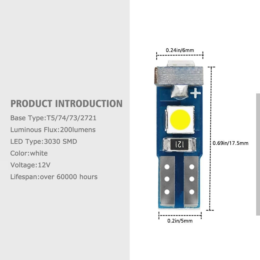 Bright T5 LED Bulbs for Automotive Interior - 6000K White Light (12 Bulbs) - Image 4