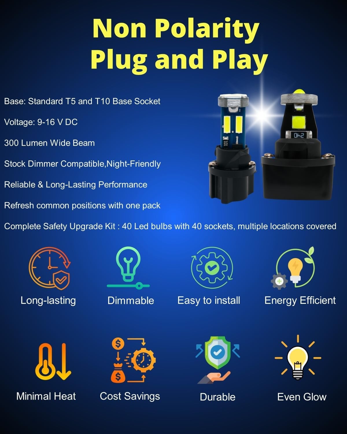 40x Bombillas LED T10 T5 con Enchufes No Polaridad Regulable 300LM Blanco Luces Coche- - Image 3