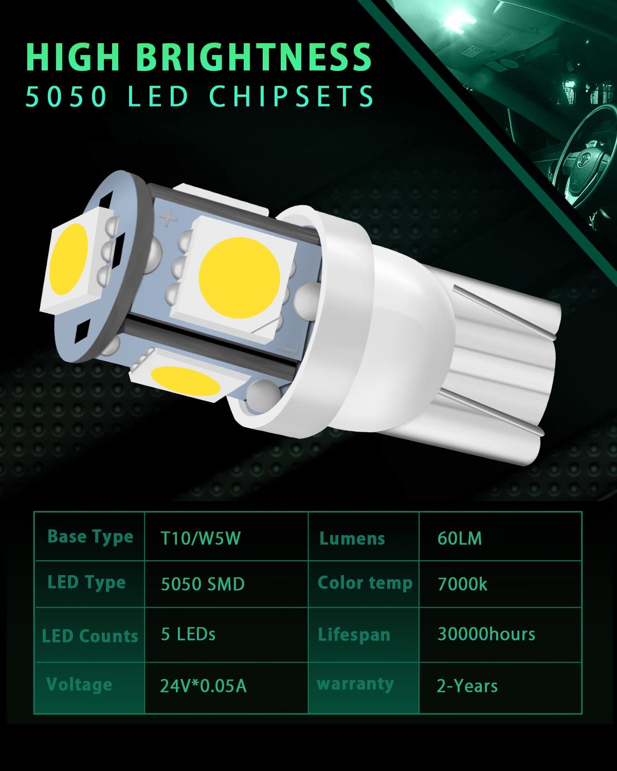 Bombilla LED 24V T10 501 Bombillas LED con 5050 5SMD 60 Lúmenes 7000K para Coche LED- - Image 3