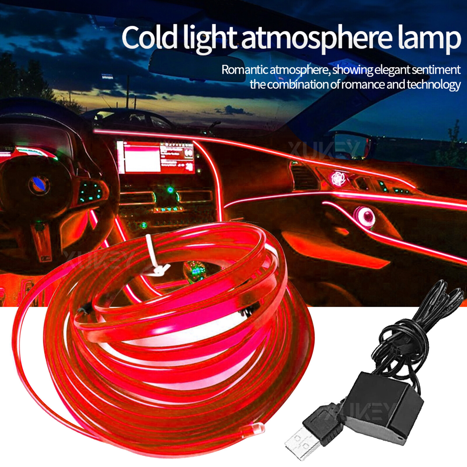 Juego de luces rojas de tira de cable USB interior de 5M para decoración de tablero de instrumentos de coche ambiente- - Image 2