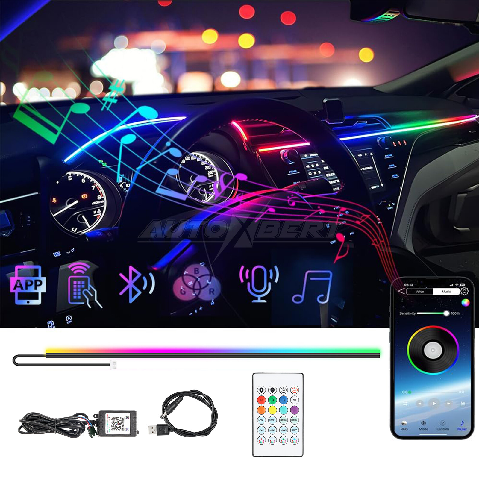 Tira de Luz LED Interior Coche Dreamcolor Iluminación Ambiental Inalámbrica APP Sincronización Música-
