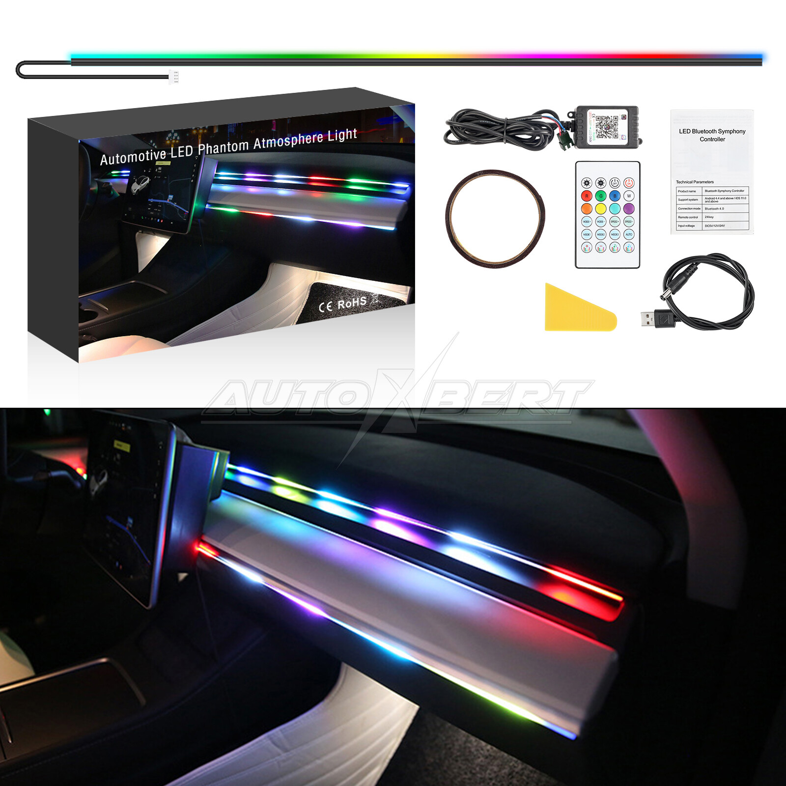 Tira de luces LED de 110 cm interior de coche acrílico iluminación ambiental APP sincronización música RGB-