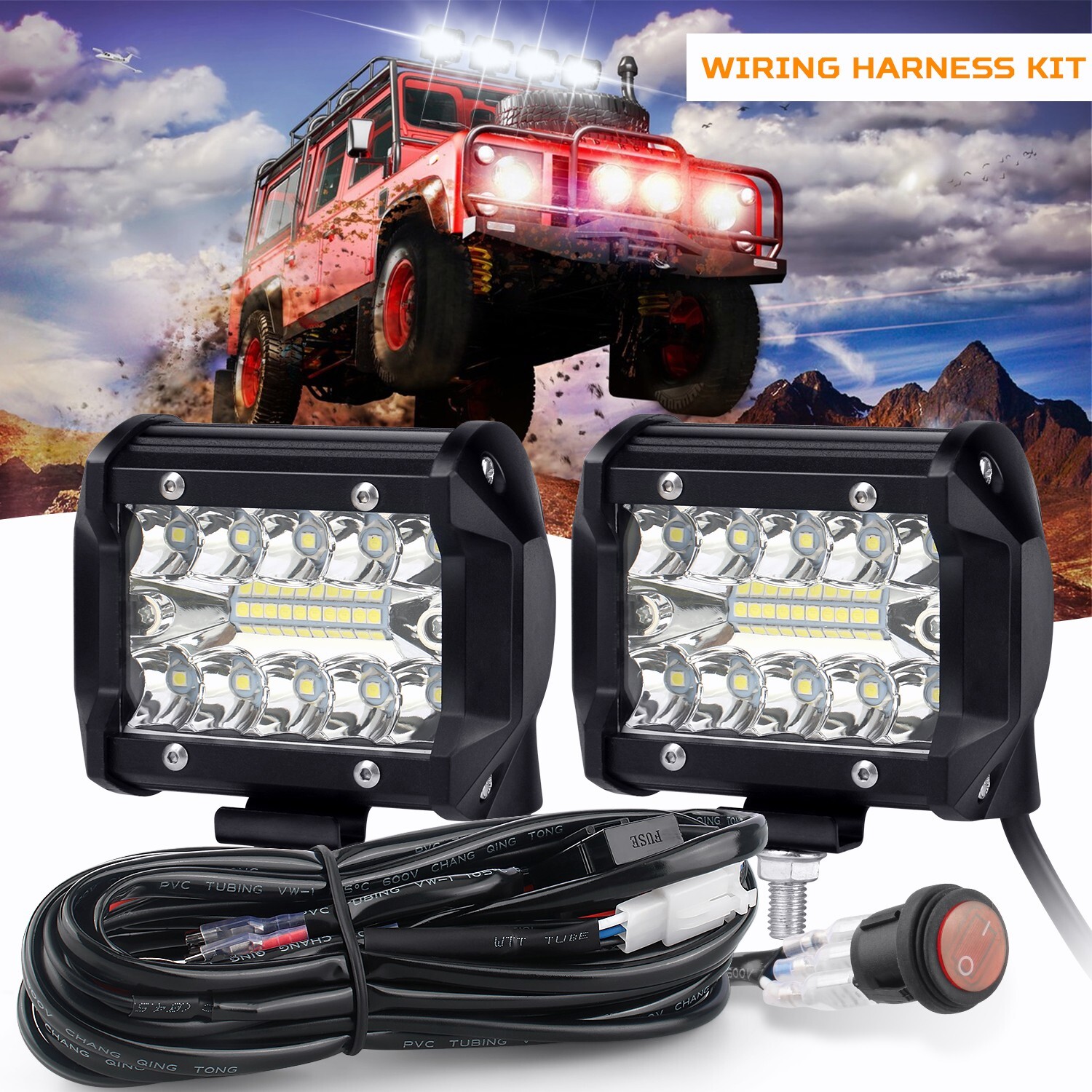 2 PIEZAS 4 pulgadas 60W Automotriz LED Barras de Luz de Trabajo con Kit de Arnés de Cableado Interruptor- - Image 2