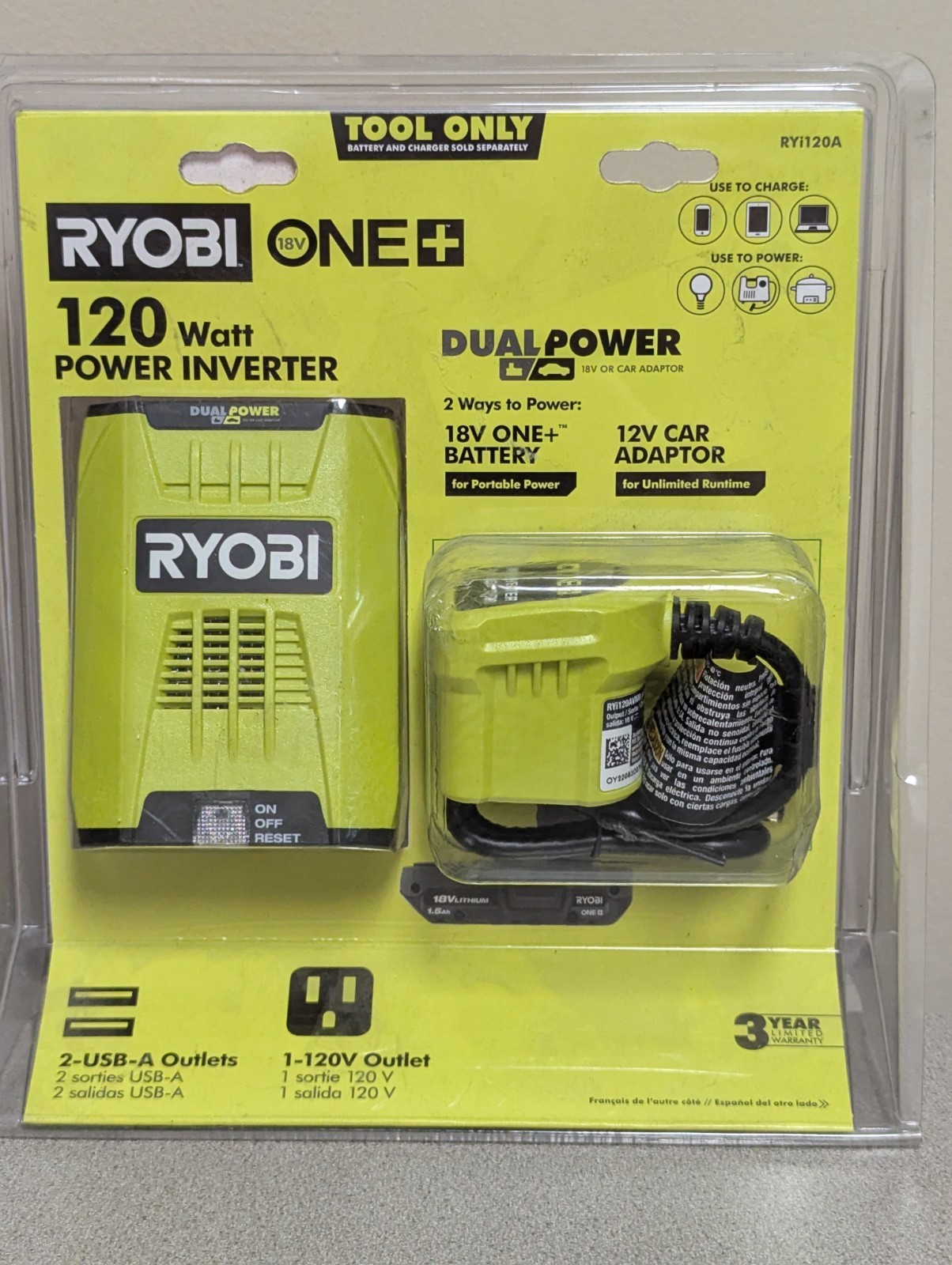 Inversor de alimentación automotriz RYOBI 18V 120 vatios 12 V puertos USB DUALES RYi120A RYi120-