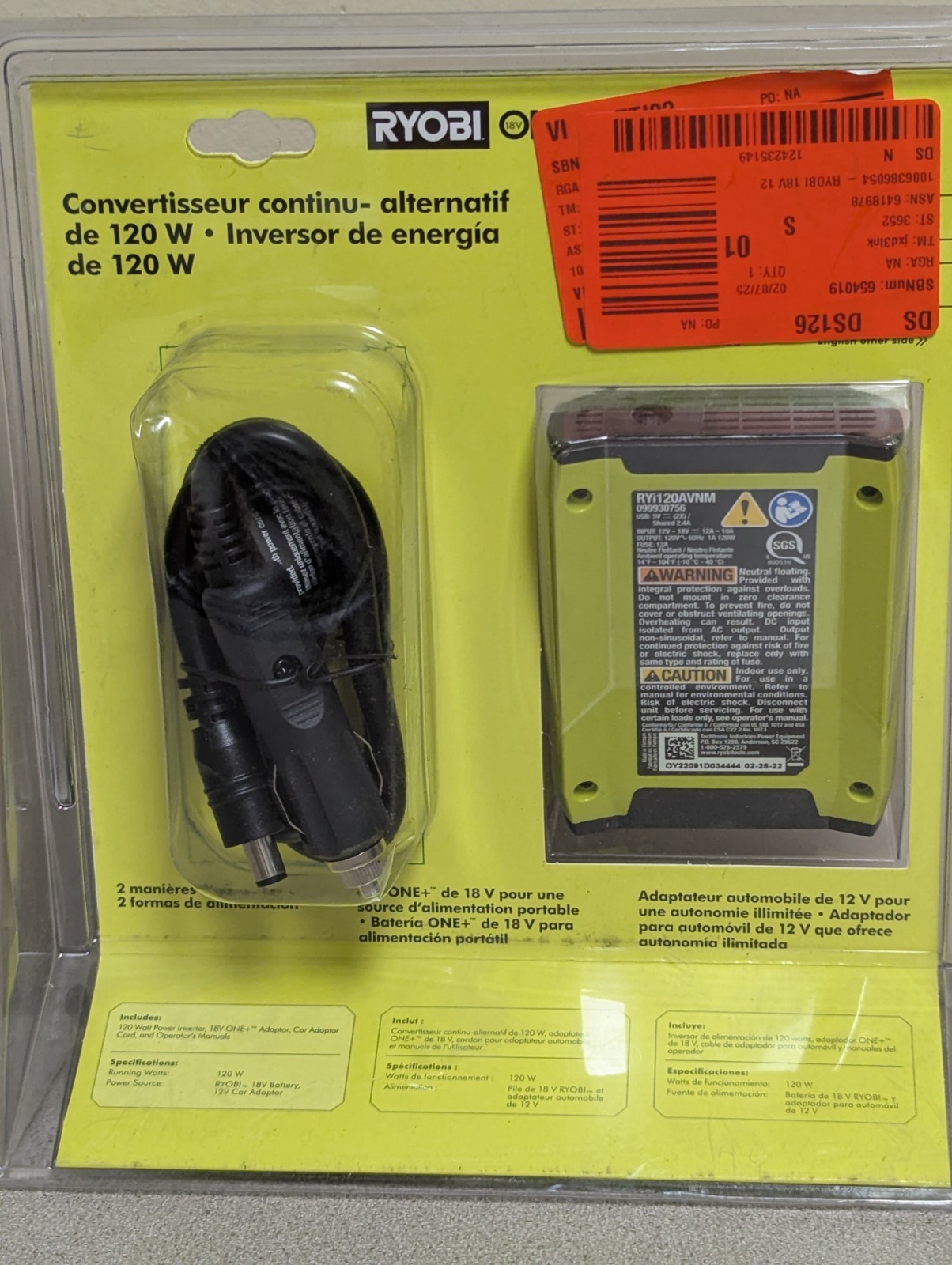 Inversor de alimentación automotriz RYOBI 18V 120 vatios 12 V puertos USB DUALES RYi120A RYi120- - Image 5