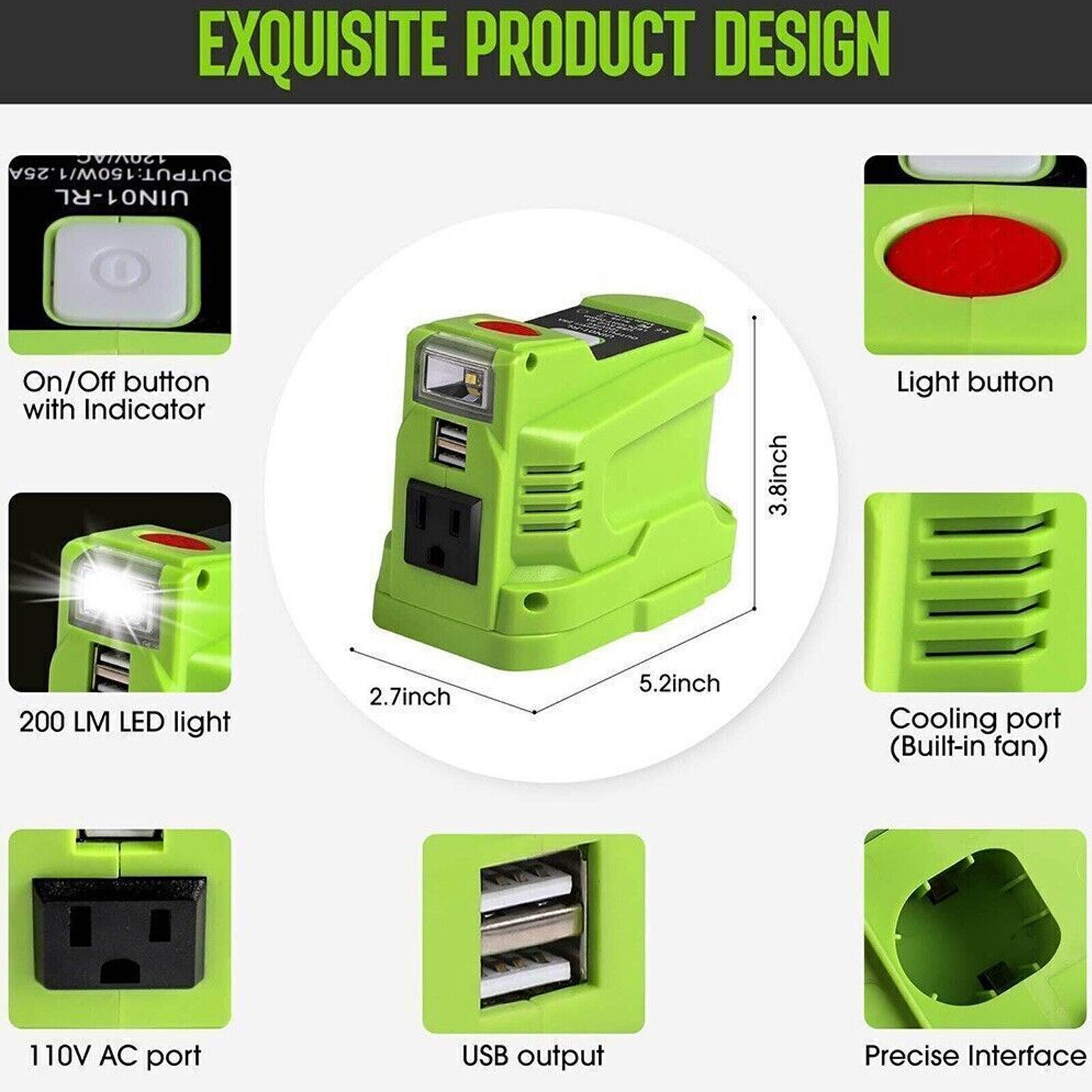 Inversor de alimentación automotriz para RYOBI 18V 150W con puertos USB dobles y luz LED- - Image 4