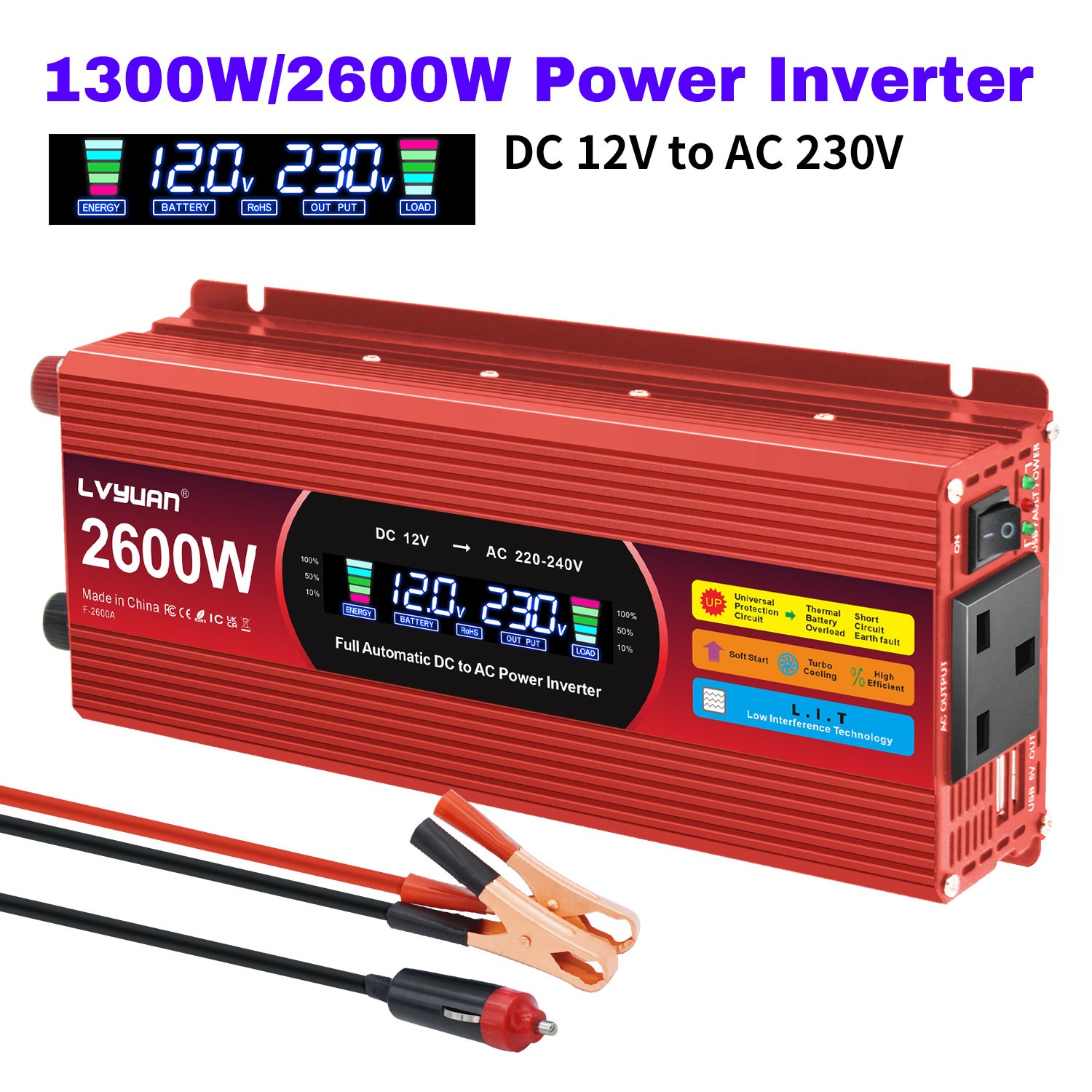 Inversores de potencia máxima 1300W 2600W DC 12v a 240v para vehículos con tomas de CA 2USB- - Image 2