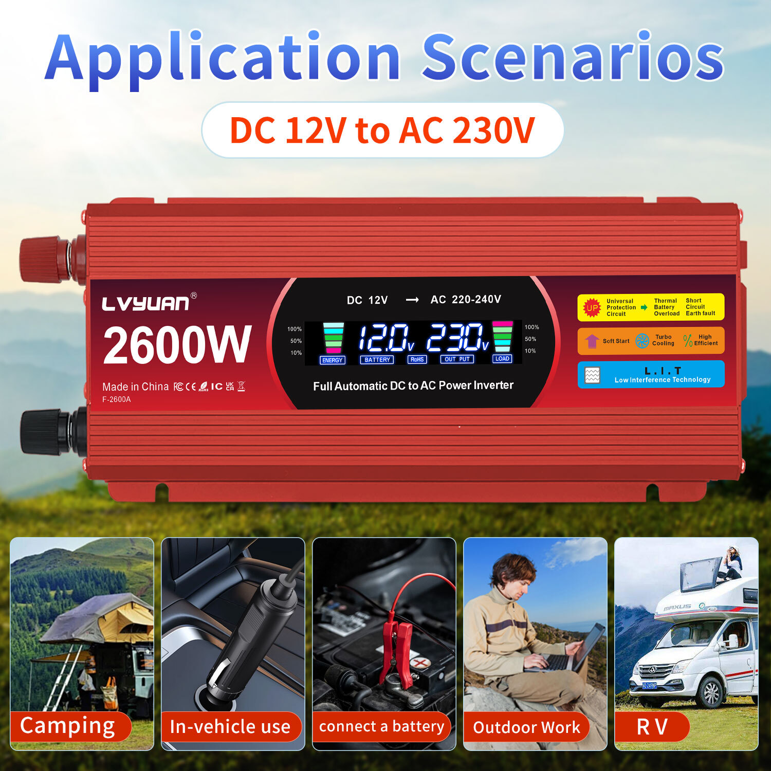 Inversores de potencia máxima 1300W 2600W DC 12v a 240v para vehículos con tomas de CA 2USB- - Image 3