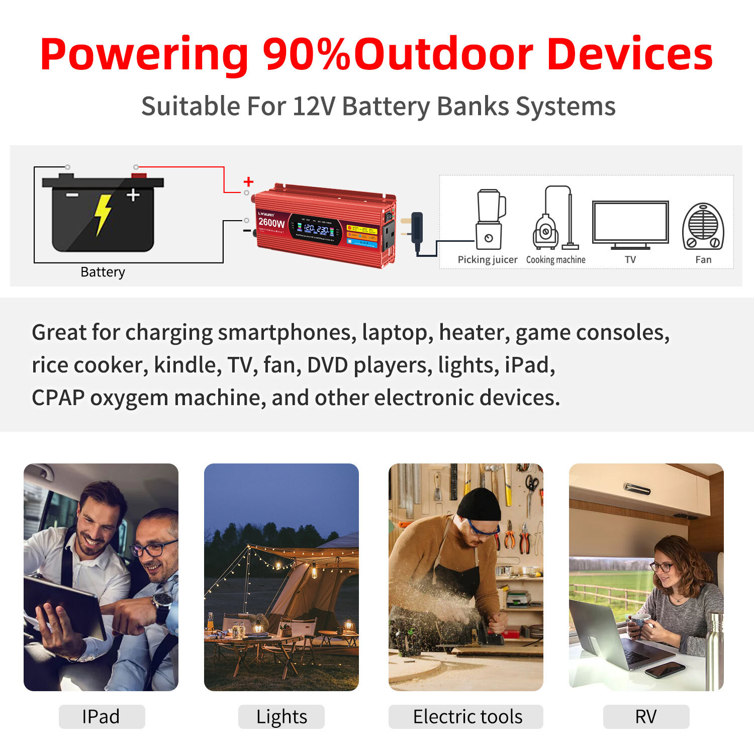 Inversores de potencia máxima 1300W 2600W DC 12v a 240v para vehículos con tomas de CA 2USB- - Image 5