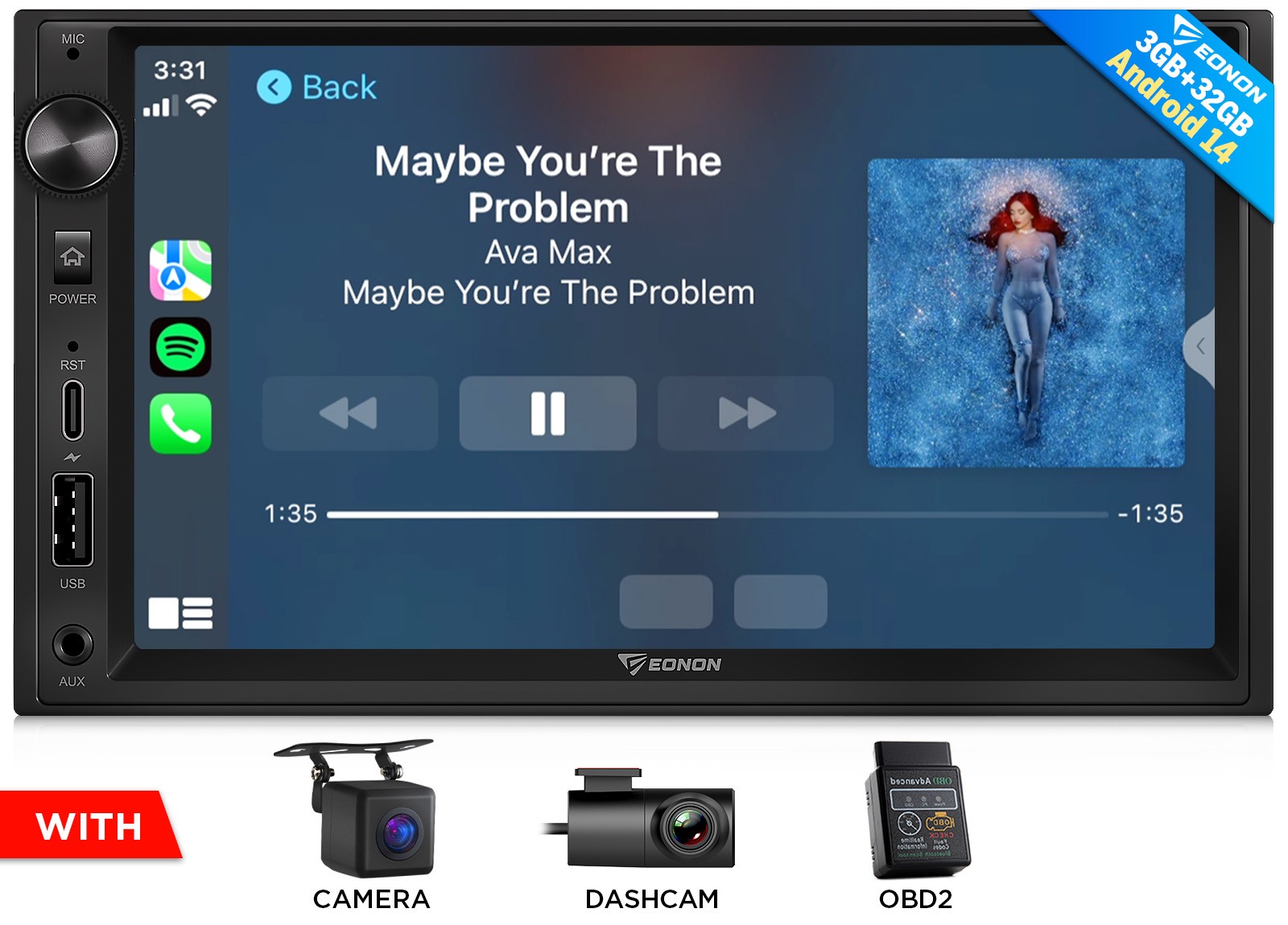 CAM+DVR+OBD+Android 14 Carplay Doble 2DIN 7" Coche Estéreo Radio GPS Rastreador Audio-