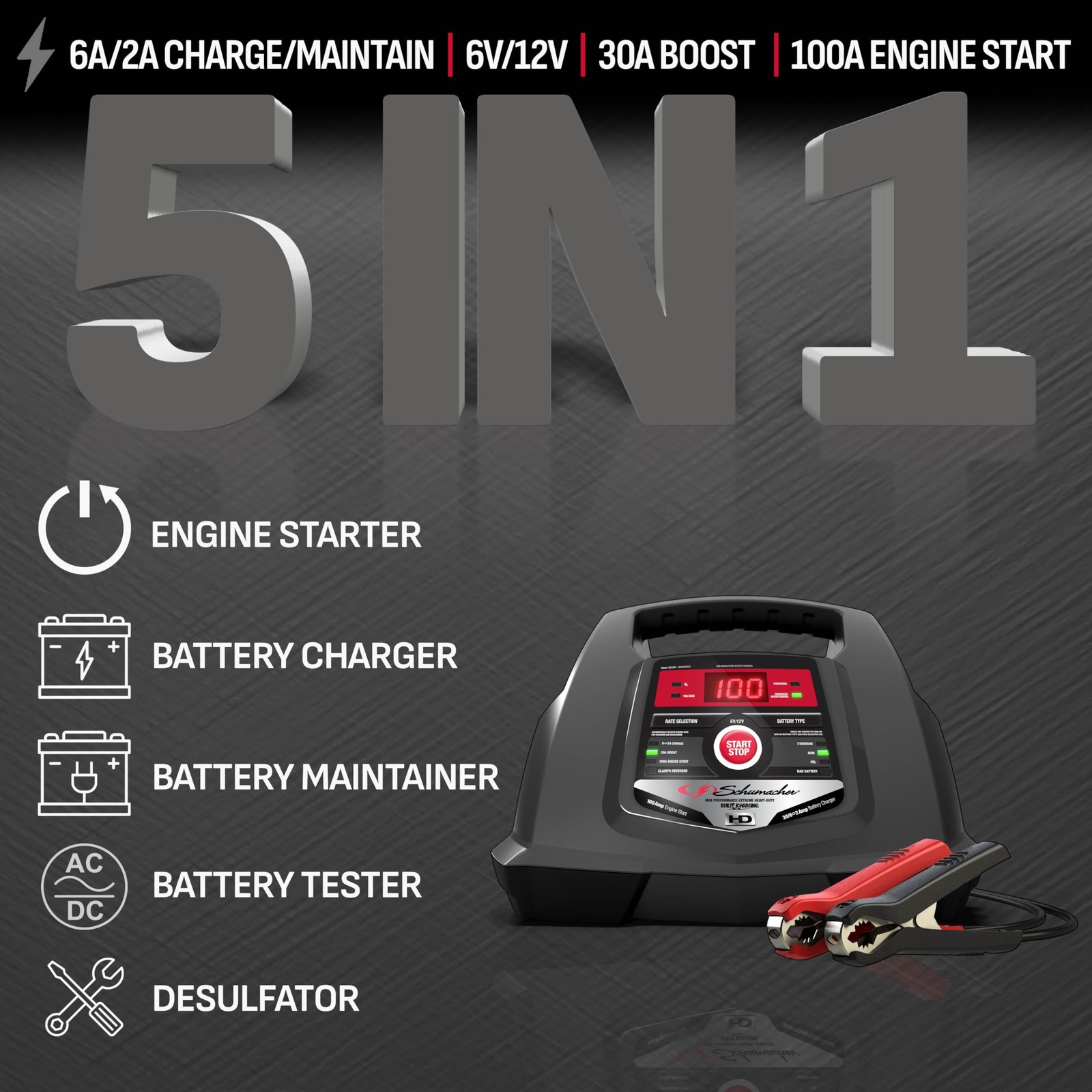 Cargador de Batería de Coche Schumacher Eléctrico 6A y Arrancador de Motor 100A, 5 en 1- - Image 2