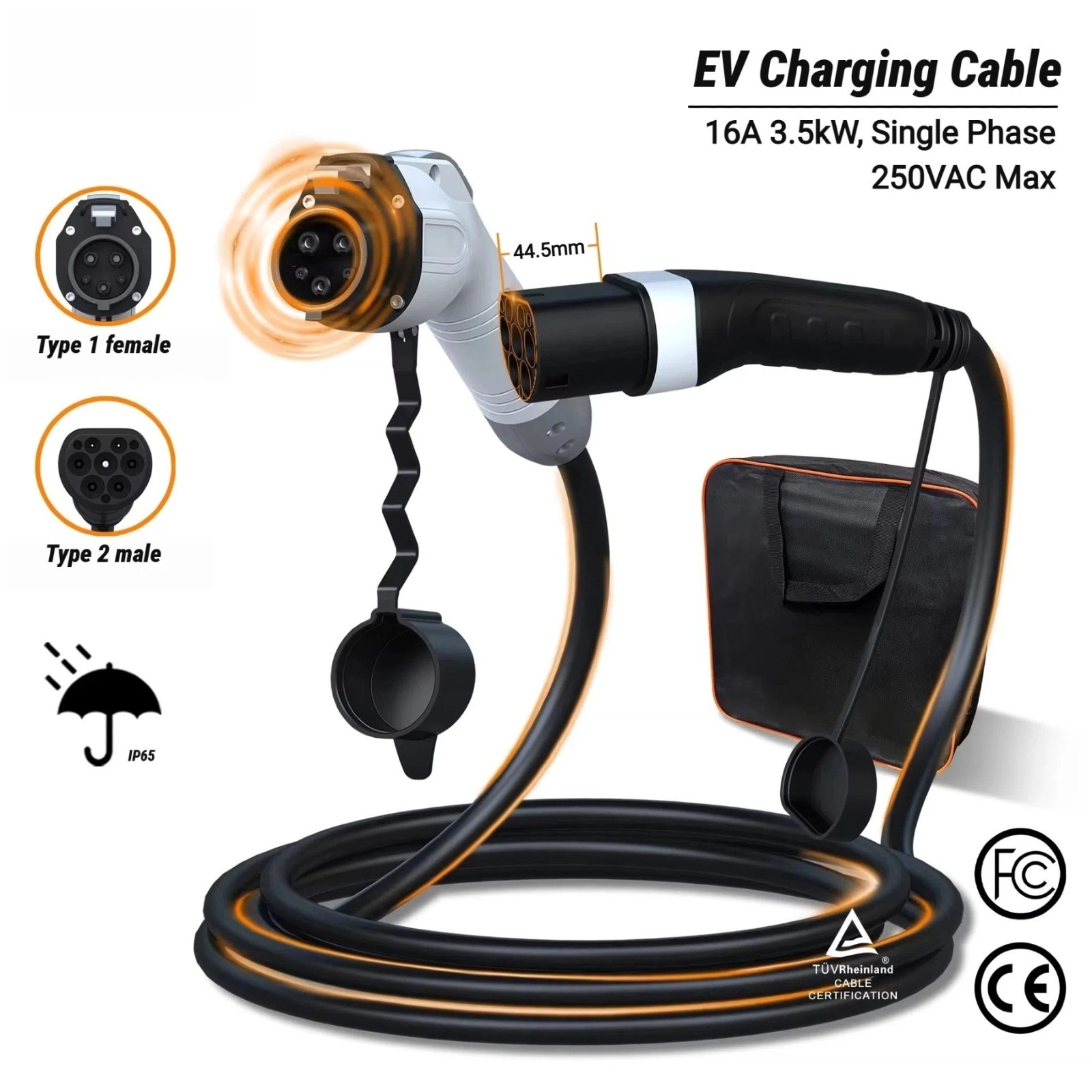 Cable de carga EV (3,5 kW - Tipo 2 a Tipo 1), Cargador EV Modo 3, 16A 250V, 5 m-