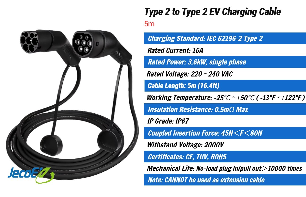Cable de carga EV tipo 2 a tipo 2, 16A 3,6 kW monofásico, cargador modo 3, 5 m- - Image 3