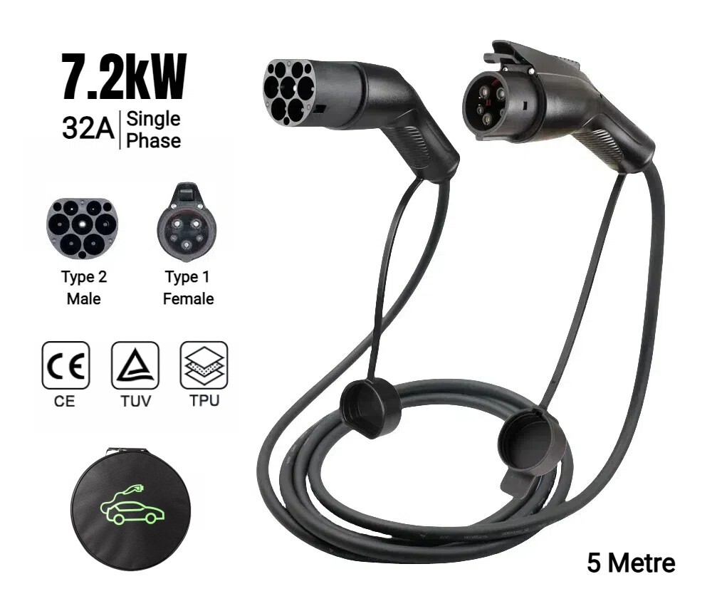 EV Public Charging Cable Type 2 Male to Type 1 Female 32A (1-Phase) 7kW, 5-Metre