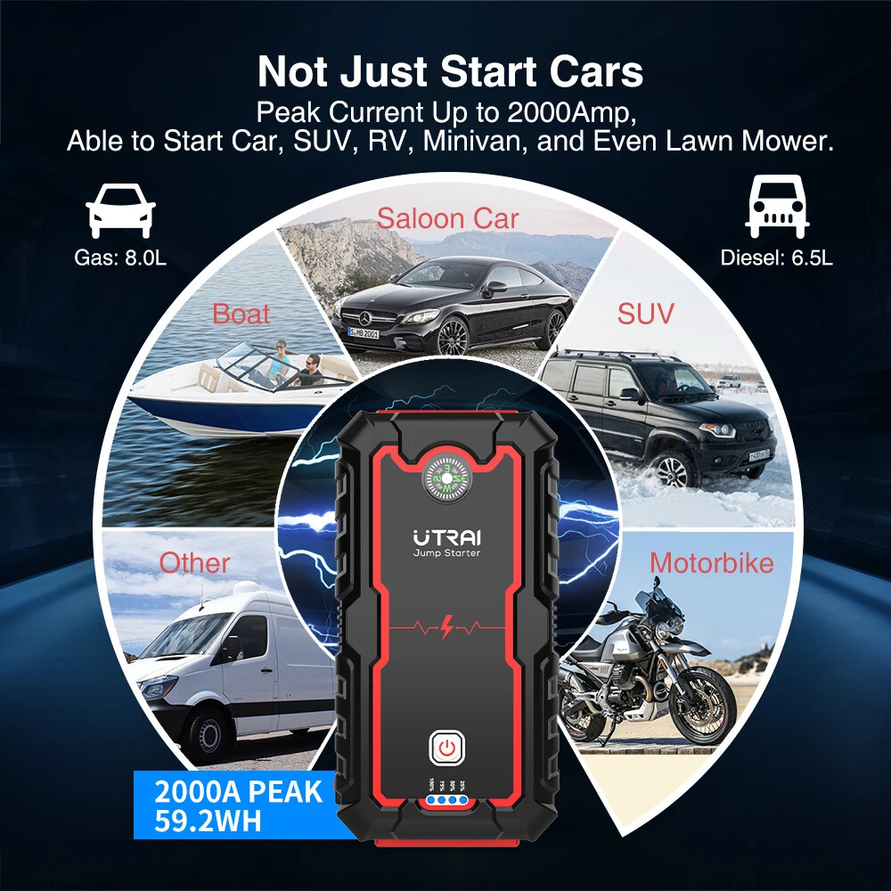 Cargador de emergencia con arrancador de batería de coche para arrancar banco de energía Jump Starter- - Image 4