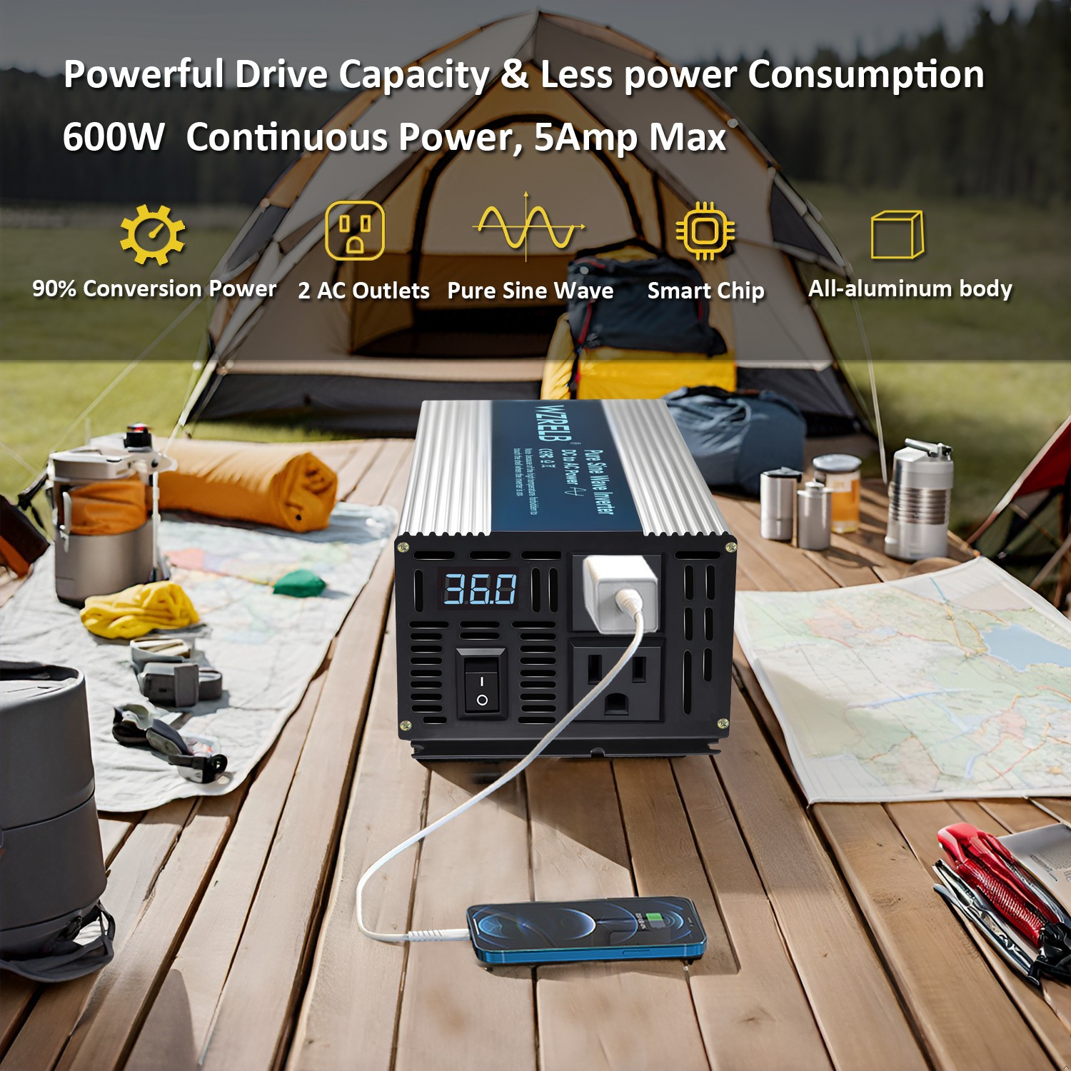 Inversor de onda sinusoidal pura 600 W 36 V a 240 V convertidor de energía solar coche camión casa rodante- - Image 5