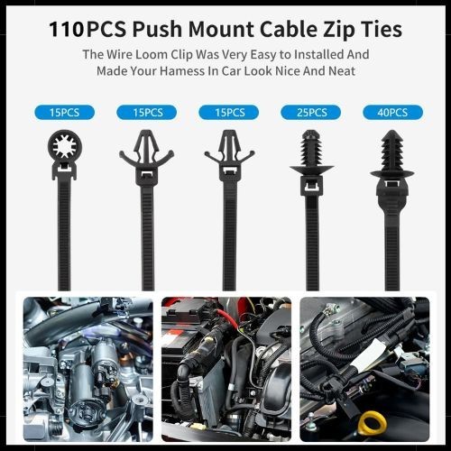 110 PIEZAS Instalación Automotriz Negro Empuje Montaje Cable Cremallera Lazos Tamaño Surtido...- - Image 4