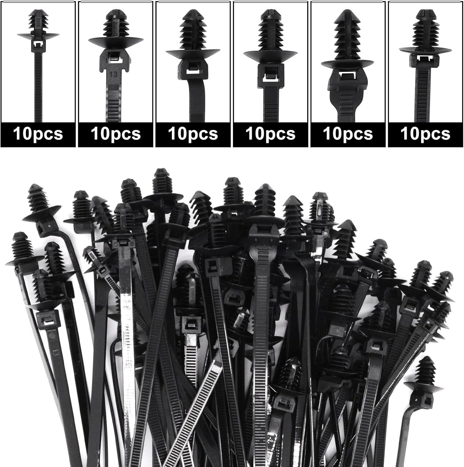 60 un. Corbatas de cremallera de montaje a presión para arnés de cables de automóvil sujetadores de cables automotrices tipo 6- - Image 3