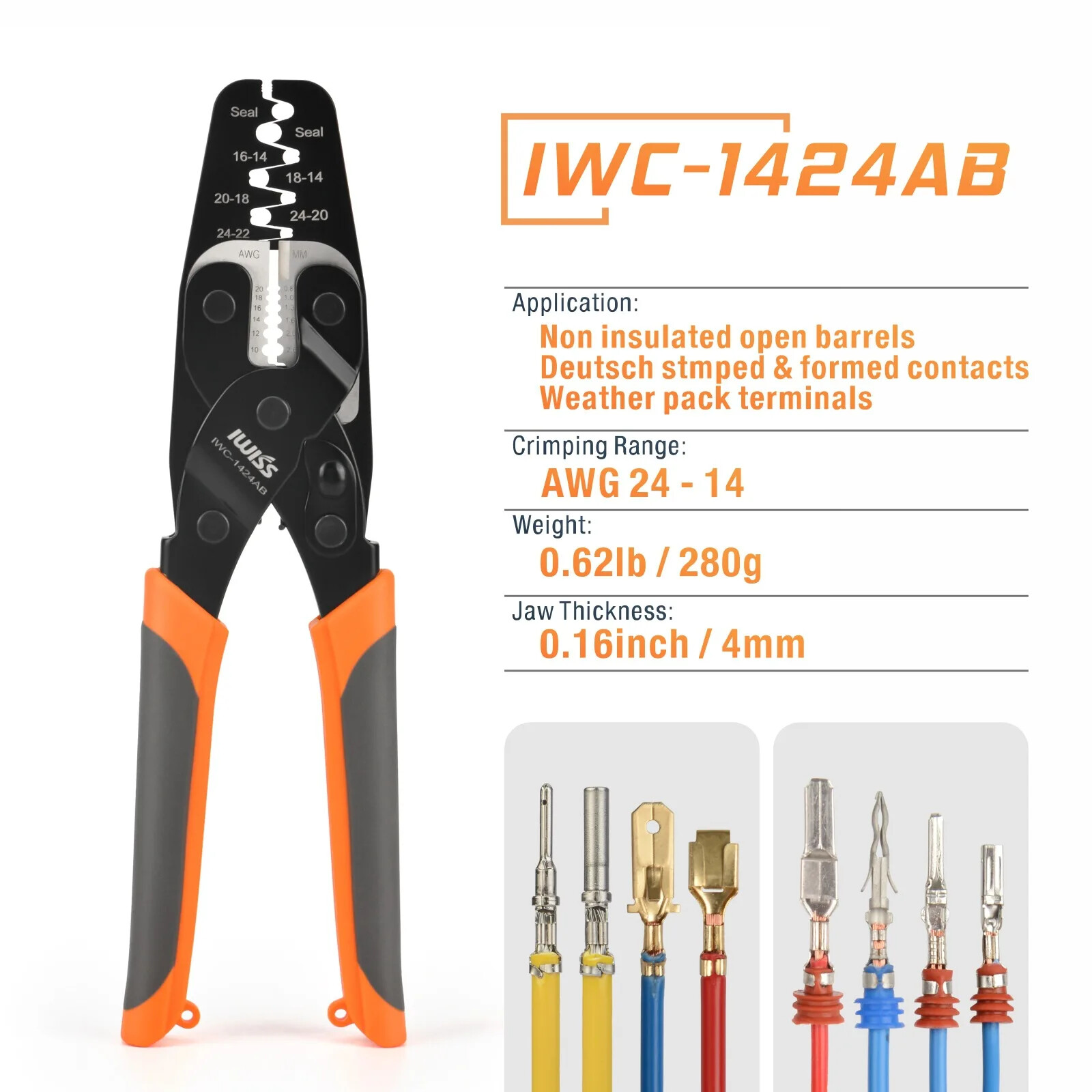 Alicate de prensado de terminales IWISS IWC-1424AB abrazadera de conectores impermeables automotrices-