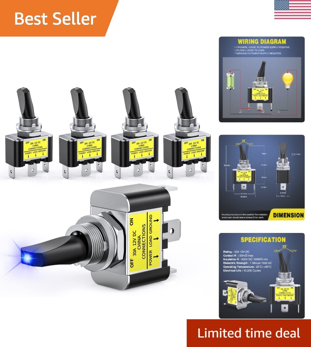 Interruptor de palanca LED SPST azul 5 piezas para aplicaciones automotrices y marinas-