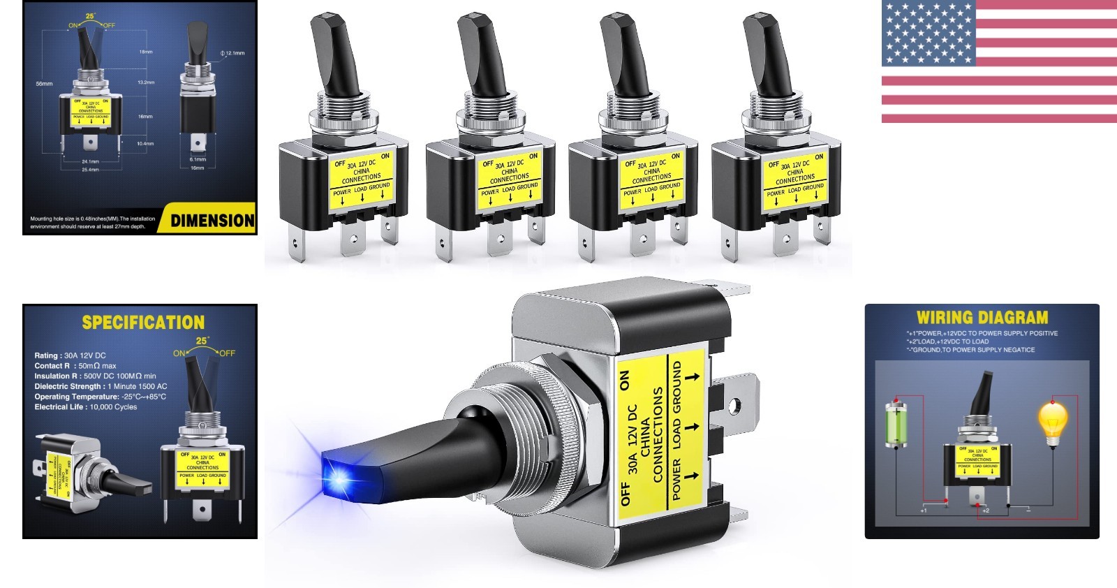 Interruptor de palanca LED SPST azul 5 piezas para aplicaciones automotrices y marinas- - Image 2