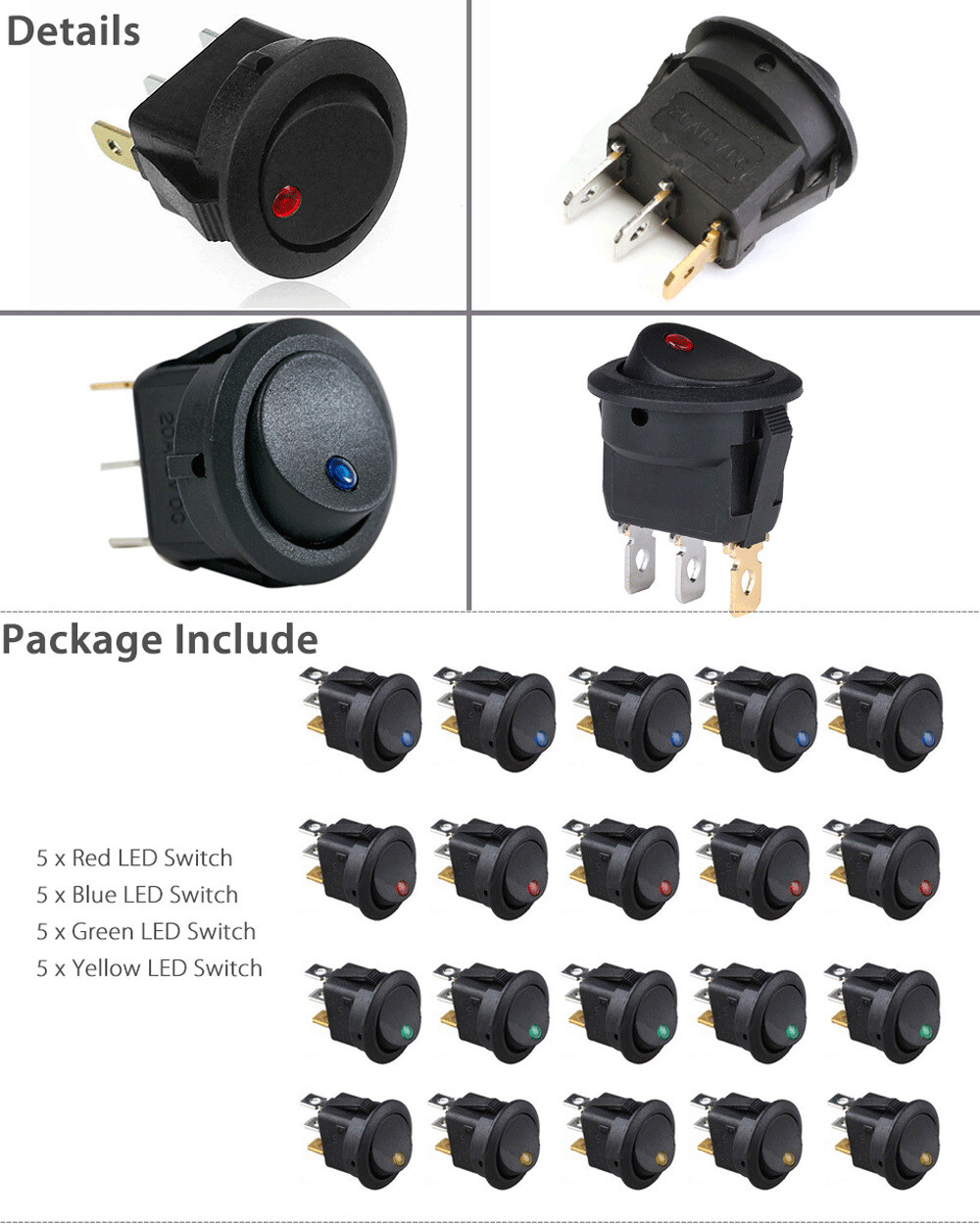 Interruptores basculantes redondos LED 4 colores, interruptores automotrices 12V 20 piezas- - Image 4