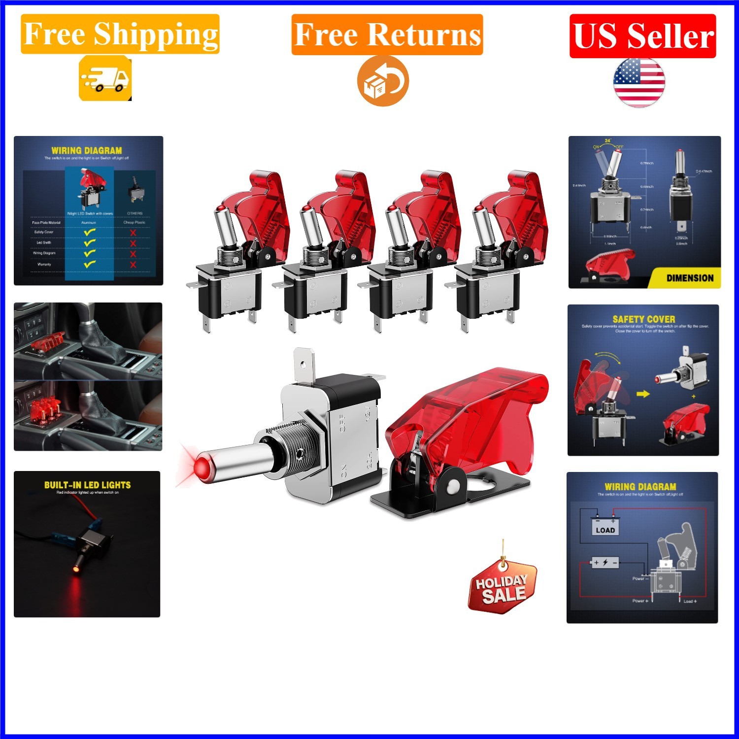 Interruptor de palanca LED 5 piezas 12V 20A SPST basculante de metal para barcos automotrices-