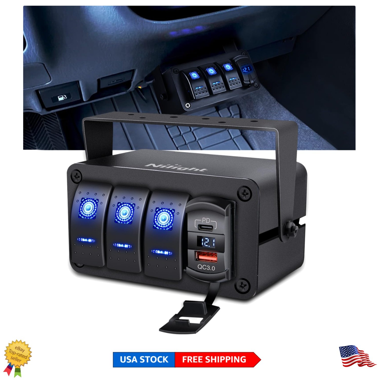 Caja de interruptores basculantes compacta impermeable de 3 velocidades con cargador y voltímetro PD tipo C-