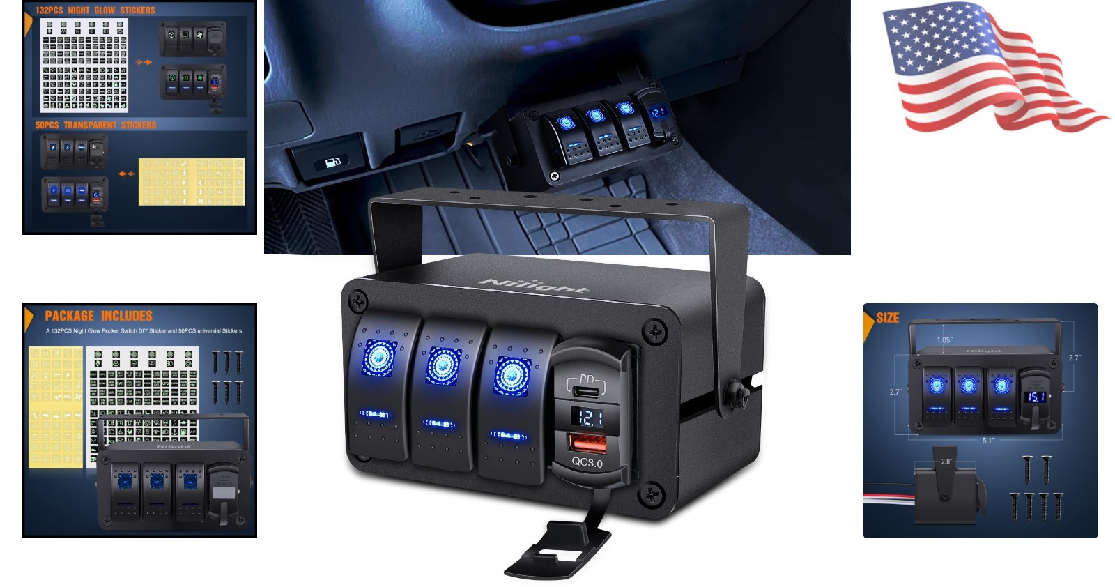 Caja de interruptores basculantes compacta impermeable de 3 velocidades con cargador y voltímetro PD tipo C- - Image 2