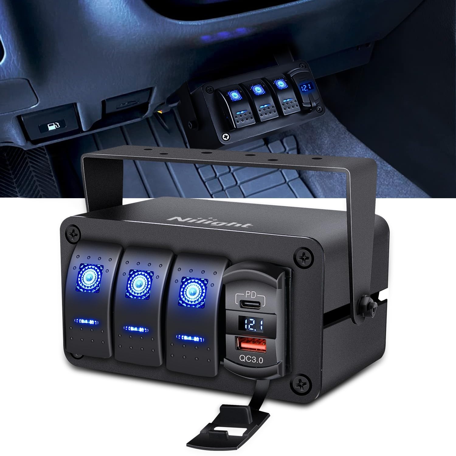 Caja de interruptores basculantes compacta impermeable de 3 velocidades con cargador y voltímetro PD tipo C- - Image 3