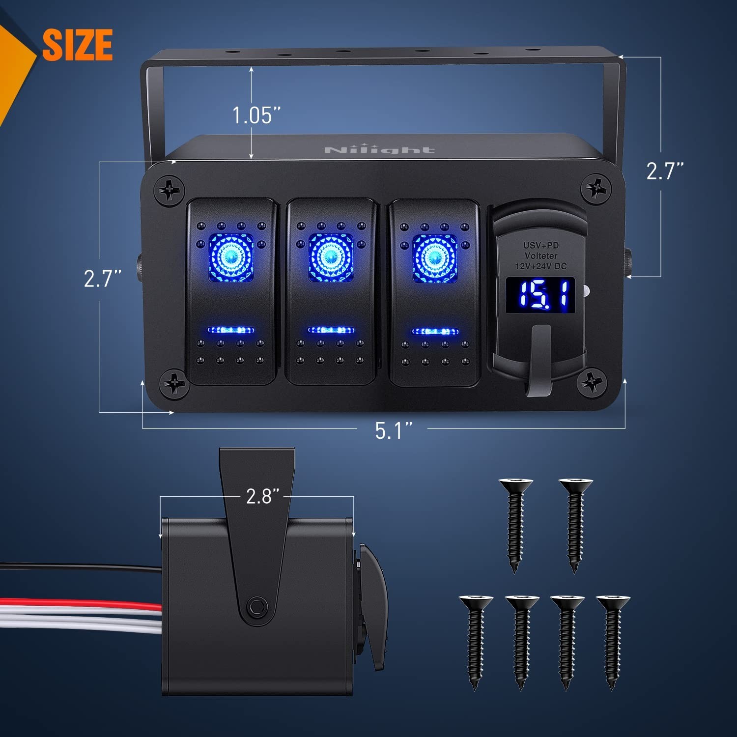 Caja de interruptores basculantes compacta impermeable de 3 velocidades con cargador y voltímetro PD tipo C- - Image 4