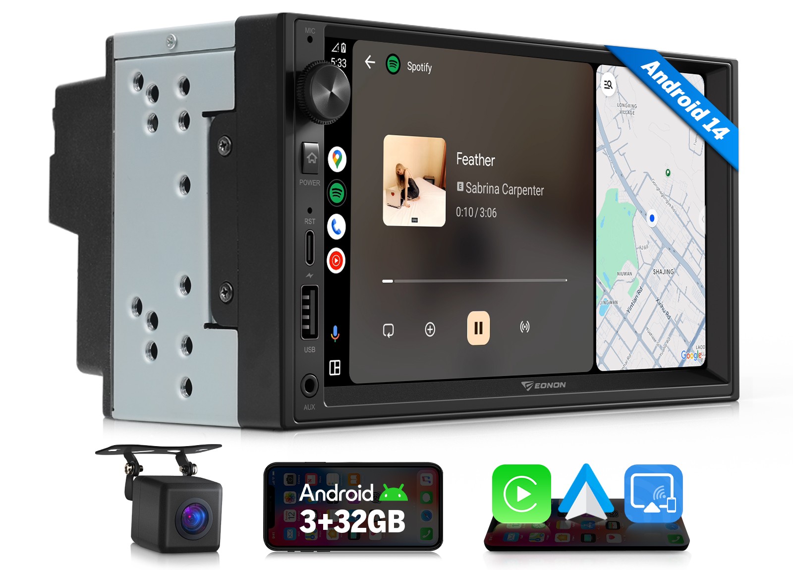 7" IPS Android 14 Doble DIN GPS Inalámbrico CarPlay Coche Radio Estéreo Cámara de Respaldo-