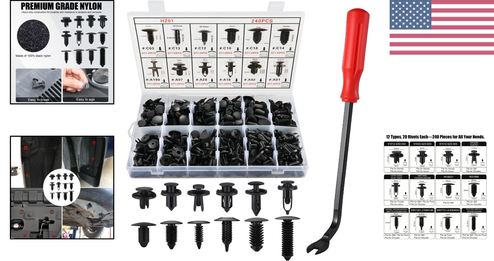 Sujetadores duraderos tipo empuje 240 piezas para paneles automotrices + herramienta incluida- - Image 2
