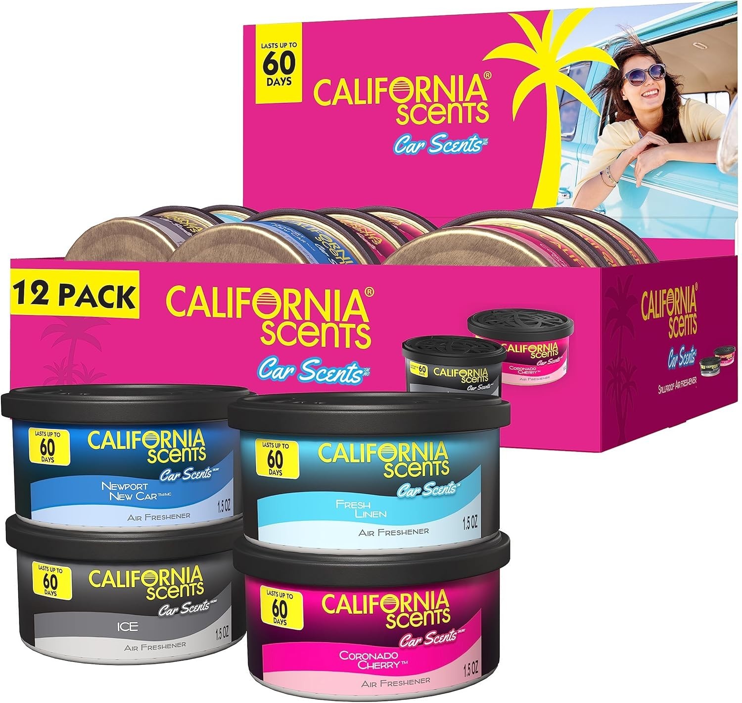California Scents, lata de ambientadores de coche, aromas surtidos, paquete de 12, fuerte-