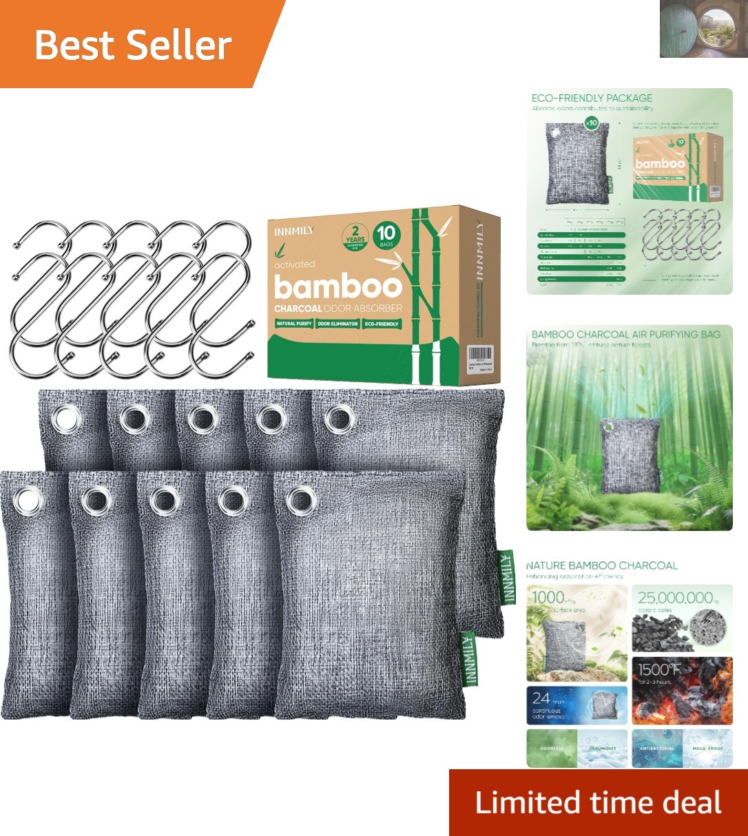 Natural Bamboo Charcoal Deodorizer Bags - Kid & Pet Safe, Rechargeable Freshness