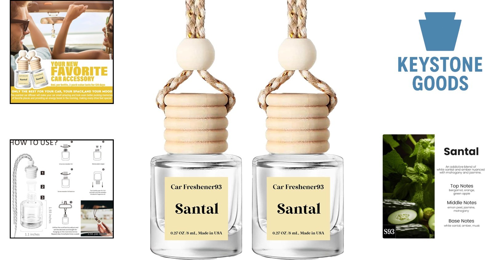 Paquete de 2 ambientadores difusores de coche Santal Scent - de larga duración, hechos en EE. UU.- - Image 2