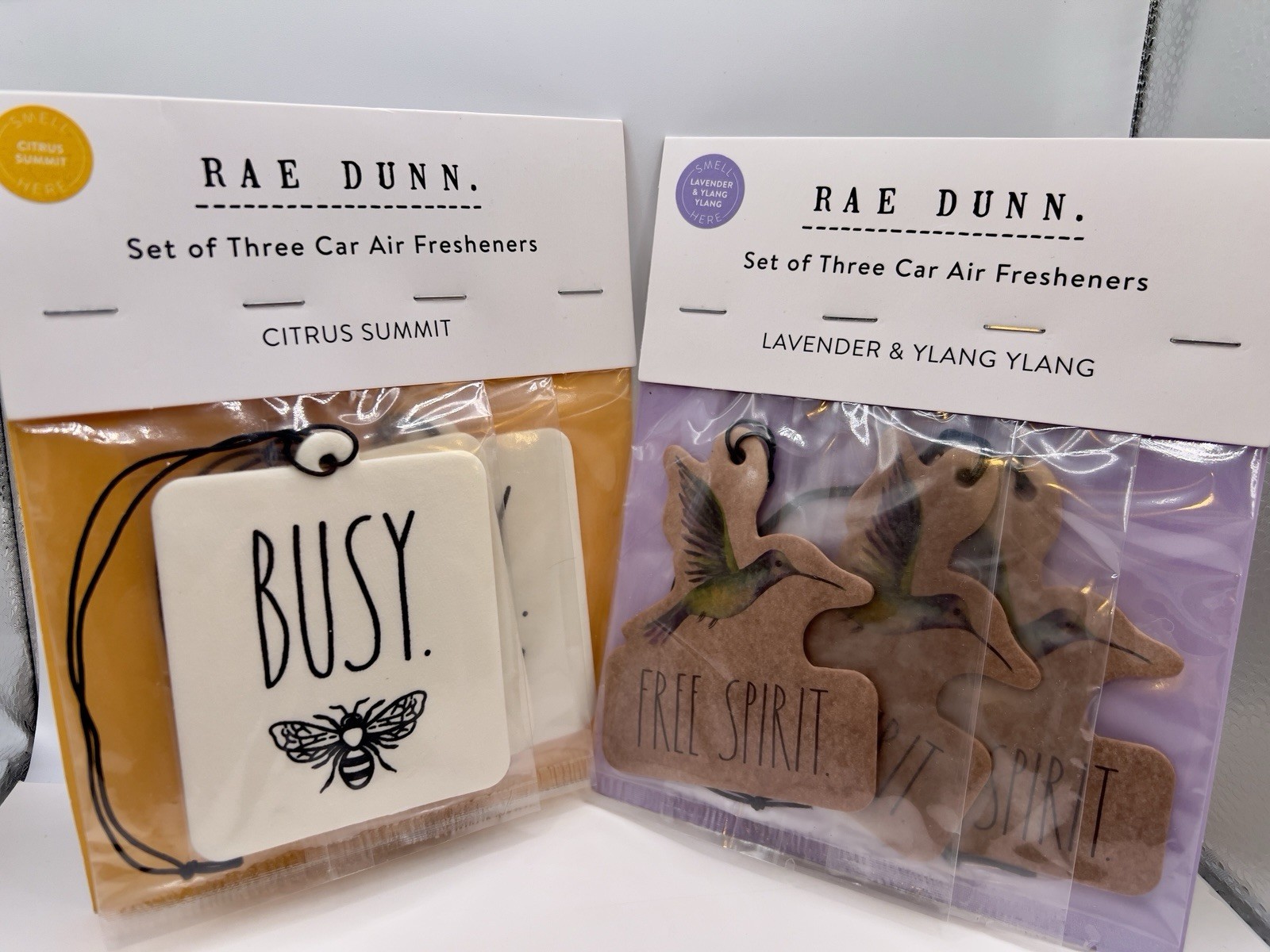 Ambientadores de coche Rae Dunn. Cumbre de cítricos y lavanda Ylang Ylang. Dos paquetes de 3-