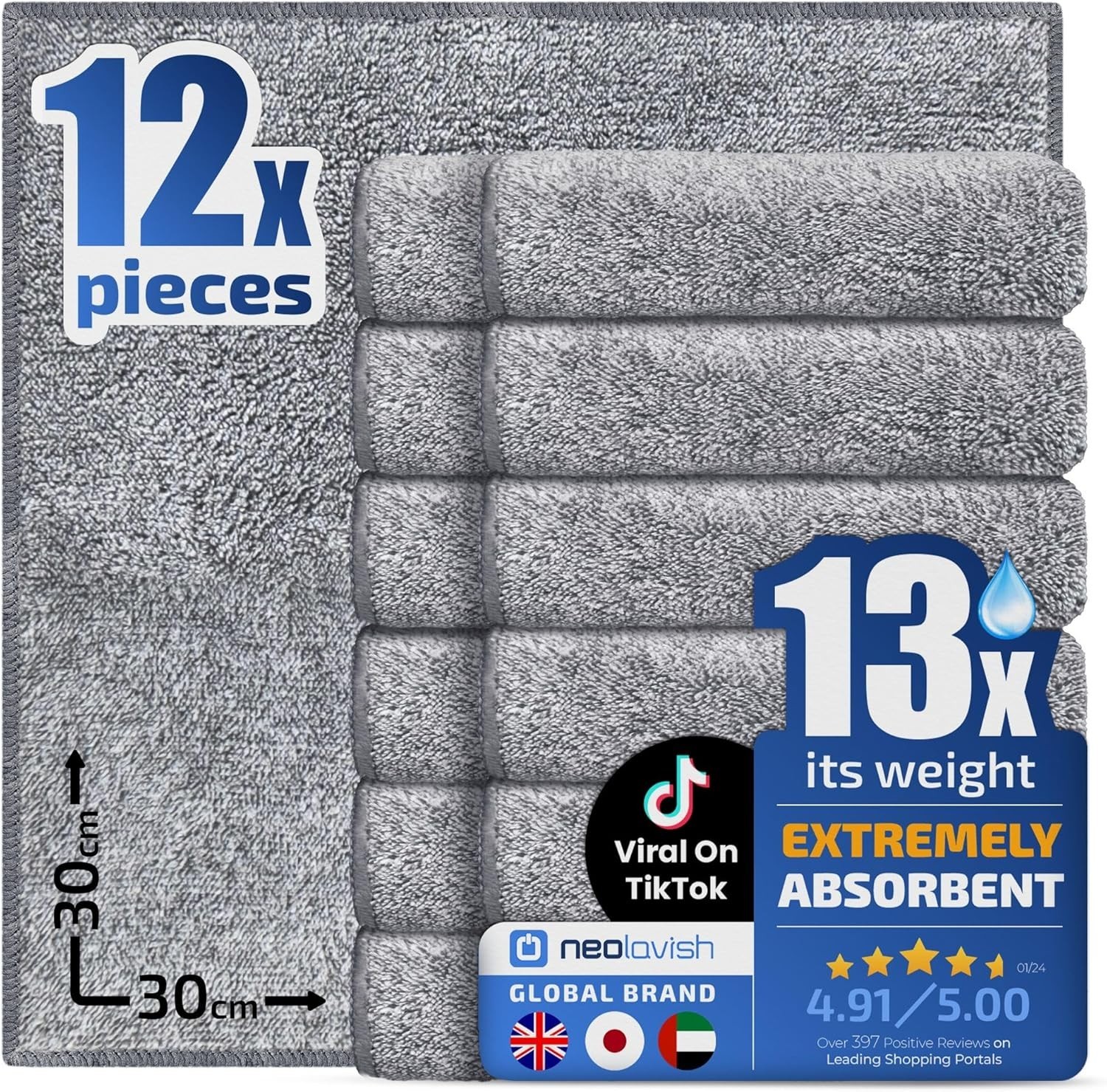 Paquete de 12 paños de microfibra de limpieza paños de coche paquete de secado toalla de microfibra de vidrio-