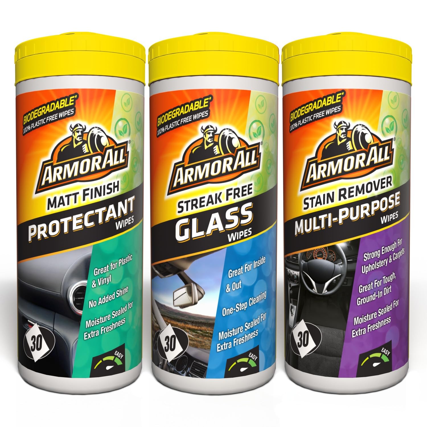 Armor All, Toallitas de Limpieza Interior Coche, Paquete Triple para Salpicadero, Vidrio y Todo-
