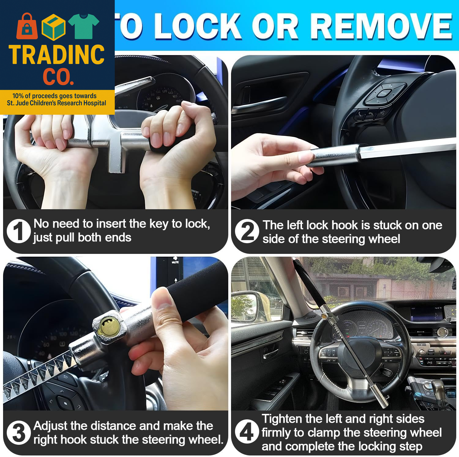 Cerradura de Volante Cerraduras de Seguridad Universal para Coche con Martillo de Seguridad Resistente C- - Image 5